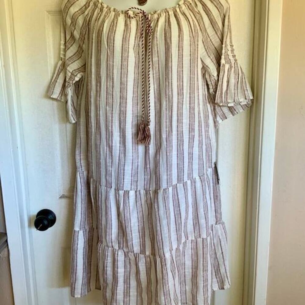 Mlle Gabrielle Off Shoulder Dress in Brown & Gold Vertical‎ Stripes